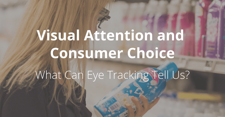 woman in a supermarket holding a bottle of clothes detergent in front of a shelf wearing eye tracking glasses