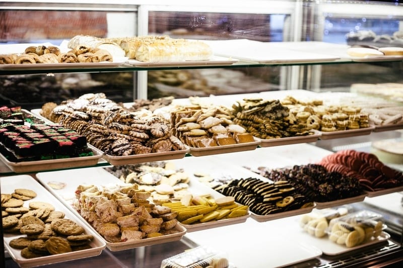 cookies and pastries displayed in a shop
