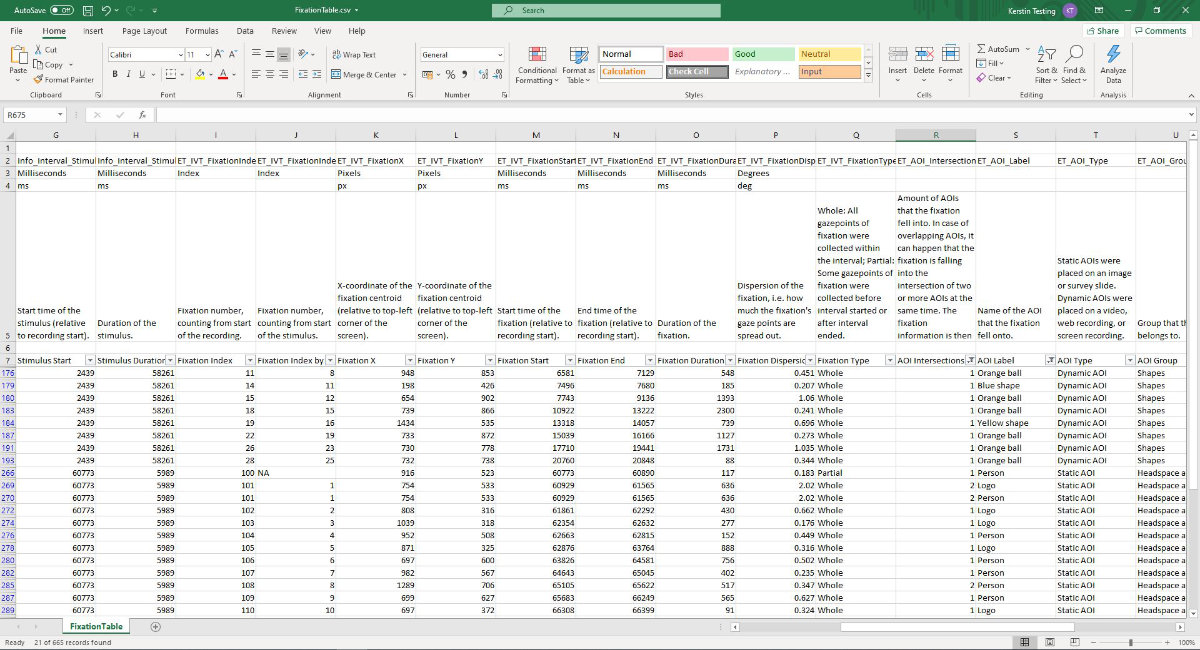 fixation table export iMotions