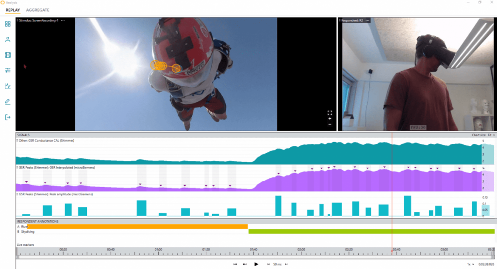 iMotions UI showing the physiological responce to seeing someone jumping out of an airplane