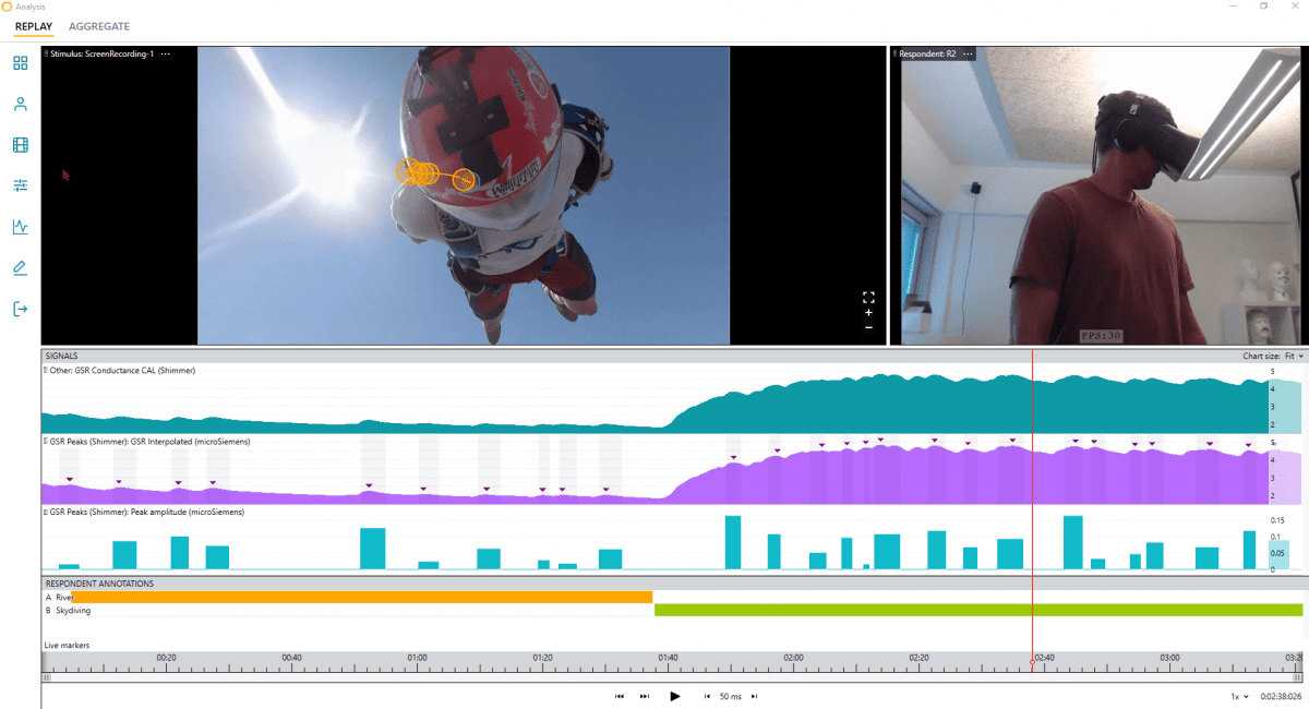 we see how the person wearing the VR headset reacts to a video of a skydiver jumping out of an airplan