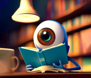 Eye reading books in a library