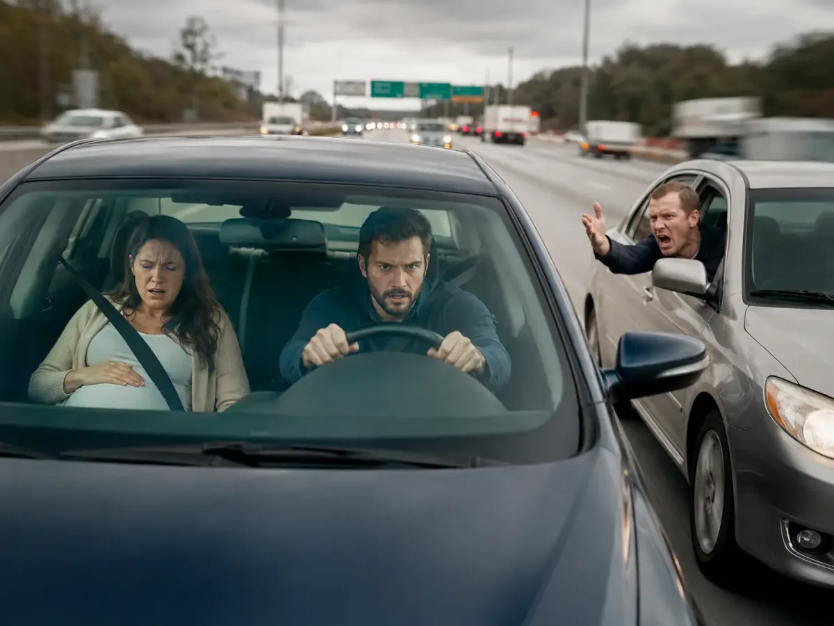 Man driving a car fast emergency pregnant woman