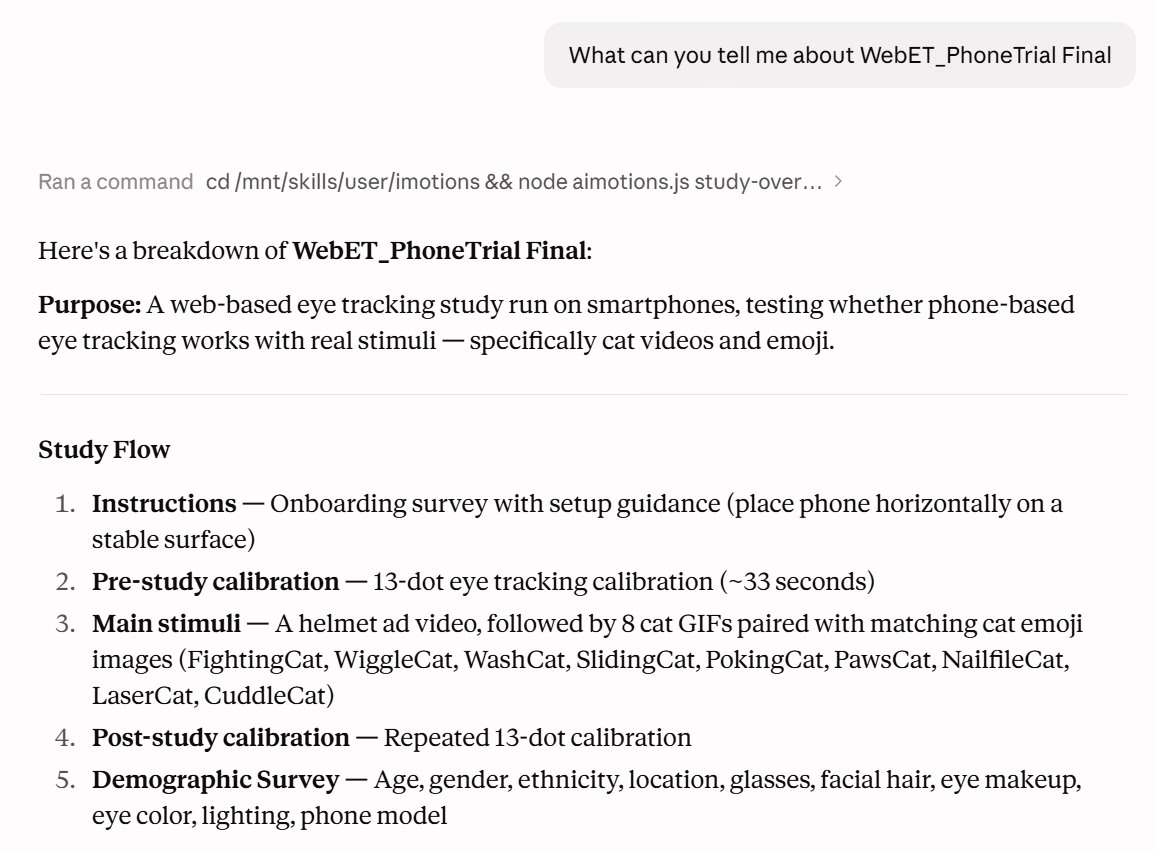 The AI agent summarizes an iMotions Online study's purpose and flow from a single question